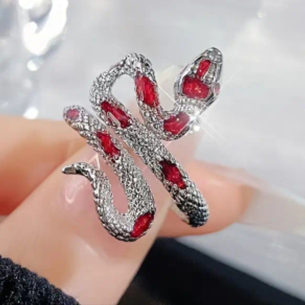 Silvery and Red Snake Ring Sz 6 For Adults